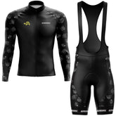 "Full-sleeve cycling jersey with matching bib shorts, featuring gel padding and moisture-wicking fabric."