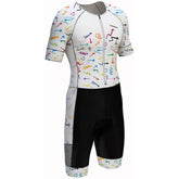 Cycling suit with colorful arrow pattern on a white background