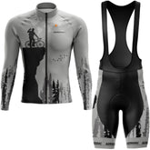 Full sleeve cycling jersey and Bib Shorts front view with mountain and cyclist print - Aerodoc Trailblazer Edition