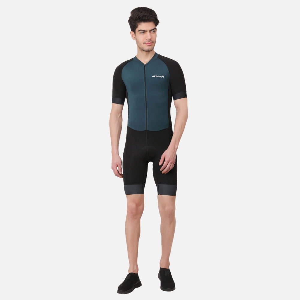 Aerodoc Mineral Green Men Triathlon Suit front view with short sleeves, featuring breathable and quick-drying fabric.