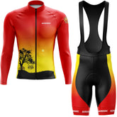 Cycling outfit with red, yellow, and black design on a white background