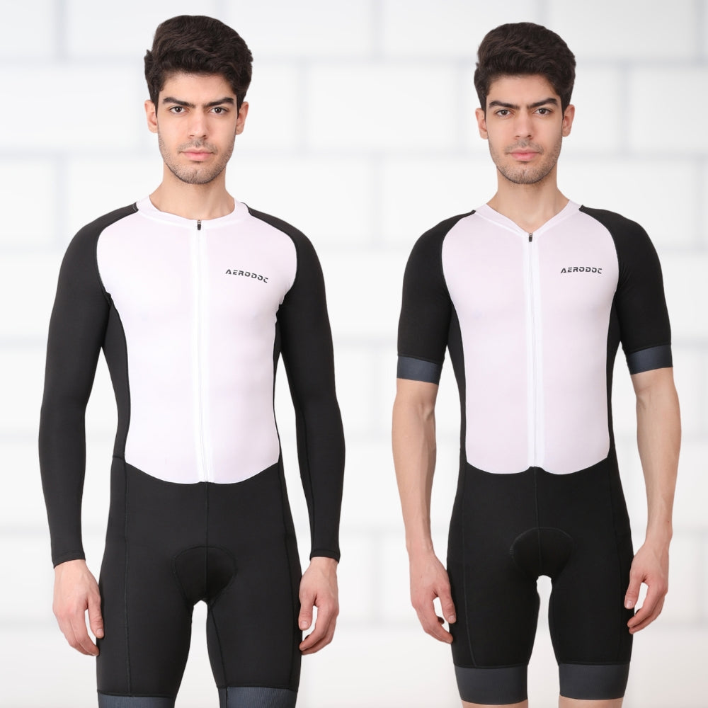 Front view of the Aerodoc White Men Triathlon Suit showcasing its sleek design, race fit, and full sleeves for enhanced performance.