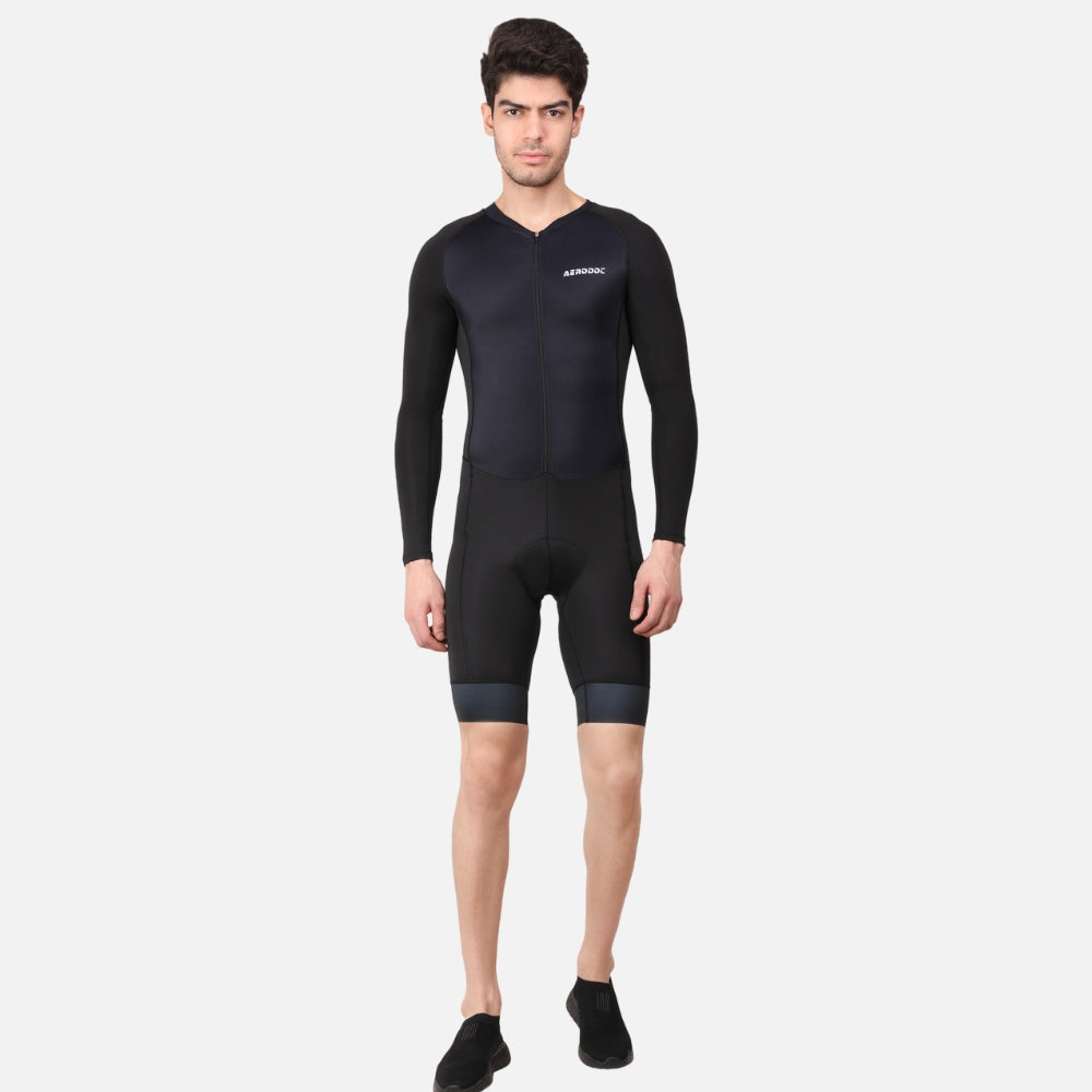 Full front view of the Aerodoc Blatic Sea Men Triathlon Suit showcasing its sleek design and race-fit style.