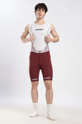 Model wearing Nitro Crimson Wine gel padded cycling bib shorts front view