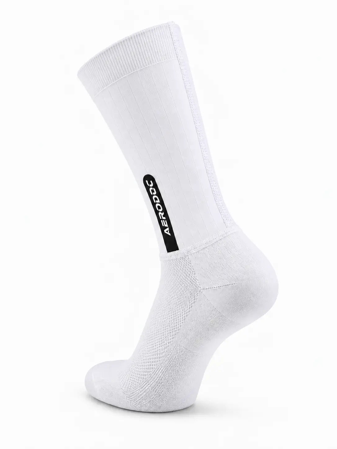 A single white crew sock with a black vertical 'AERODOC' logo on the side, shown against a plain white background.