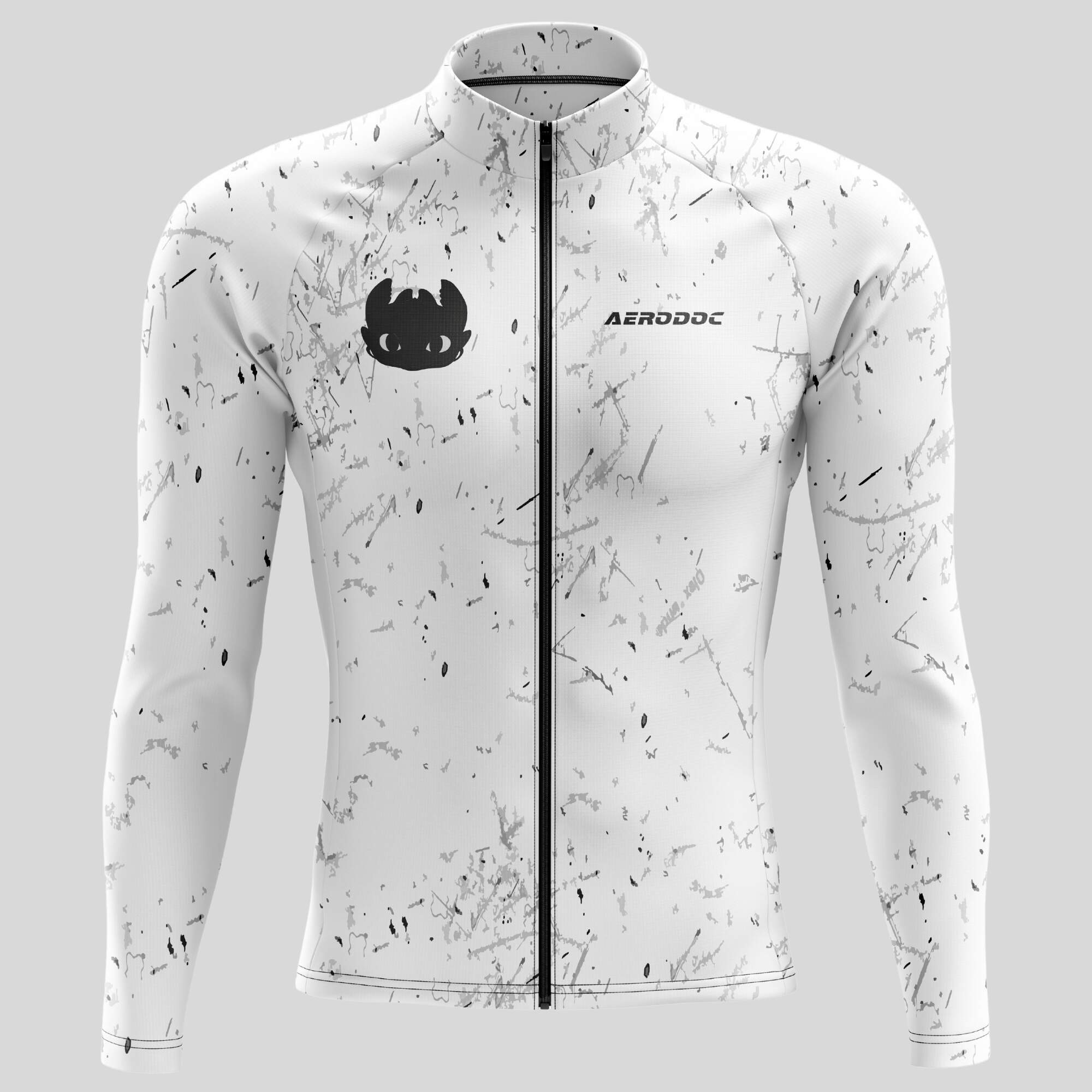 Front view of Aerodoc white cycling jersey with full-length zipper and premium silicone grip