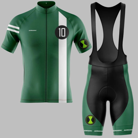 "Aerodoc Champion Sprinter green cycling jersey and black bib shorts - back view."