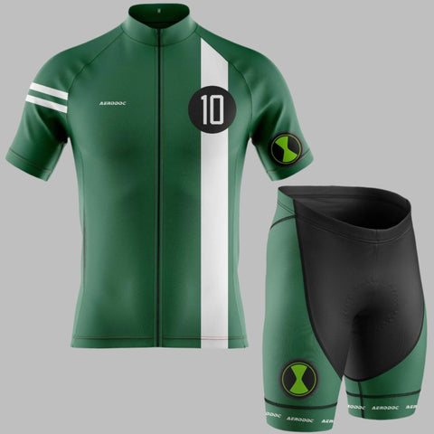 "Side view of Aerodoc Champion Sprinter green half-sleeve cycling jersey and black shorts."