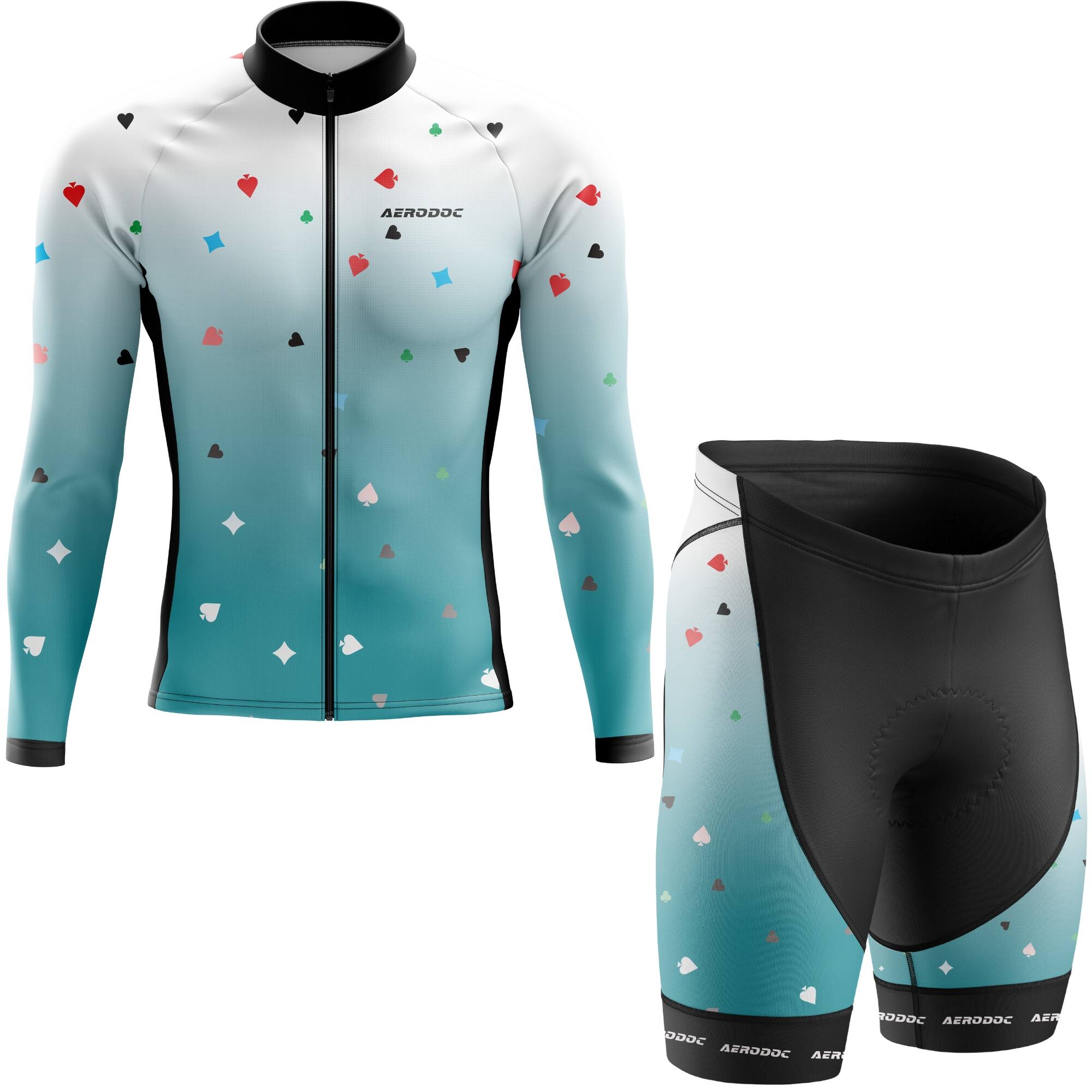 Card Ace cycling kit laid flat, showcasing the modern design of the jersey and bib shorts combination.