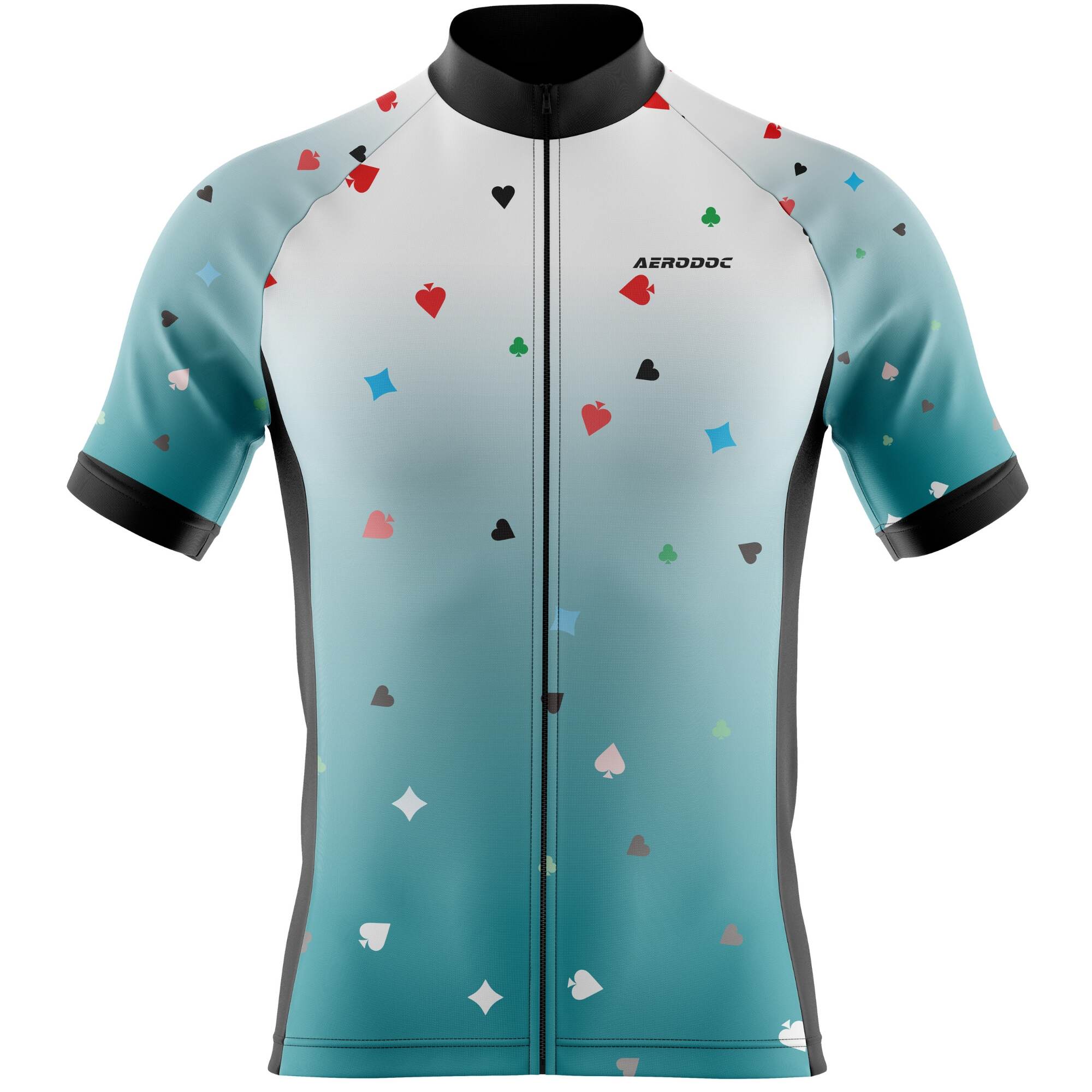 Front view of ACard Ace cycling jersey featuring bold geometric patterns and a full-length zipper for easy wear