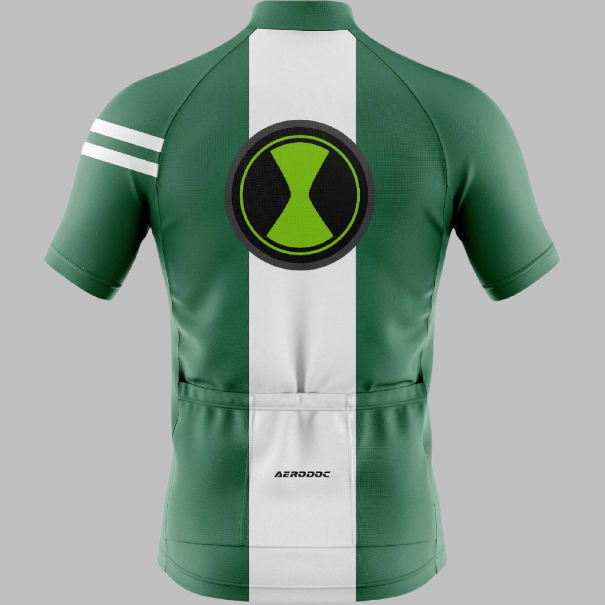 "Aerodoc Champion Sprinter green cycling jersey - close-up back view."
