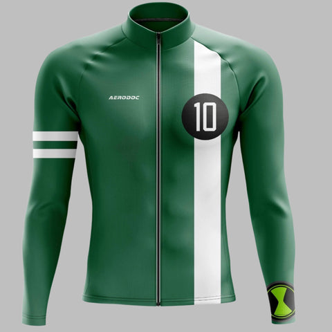 "Aerodoc Champion Sprinter green full sleeve cycling jersey - close-up front view."