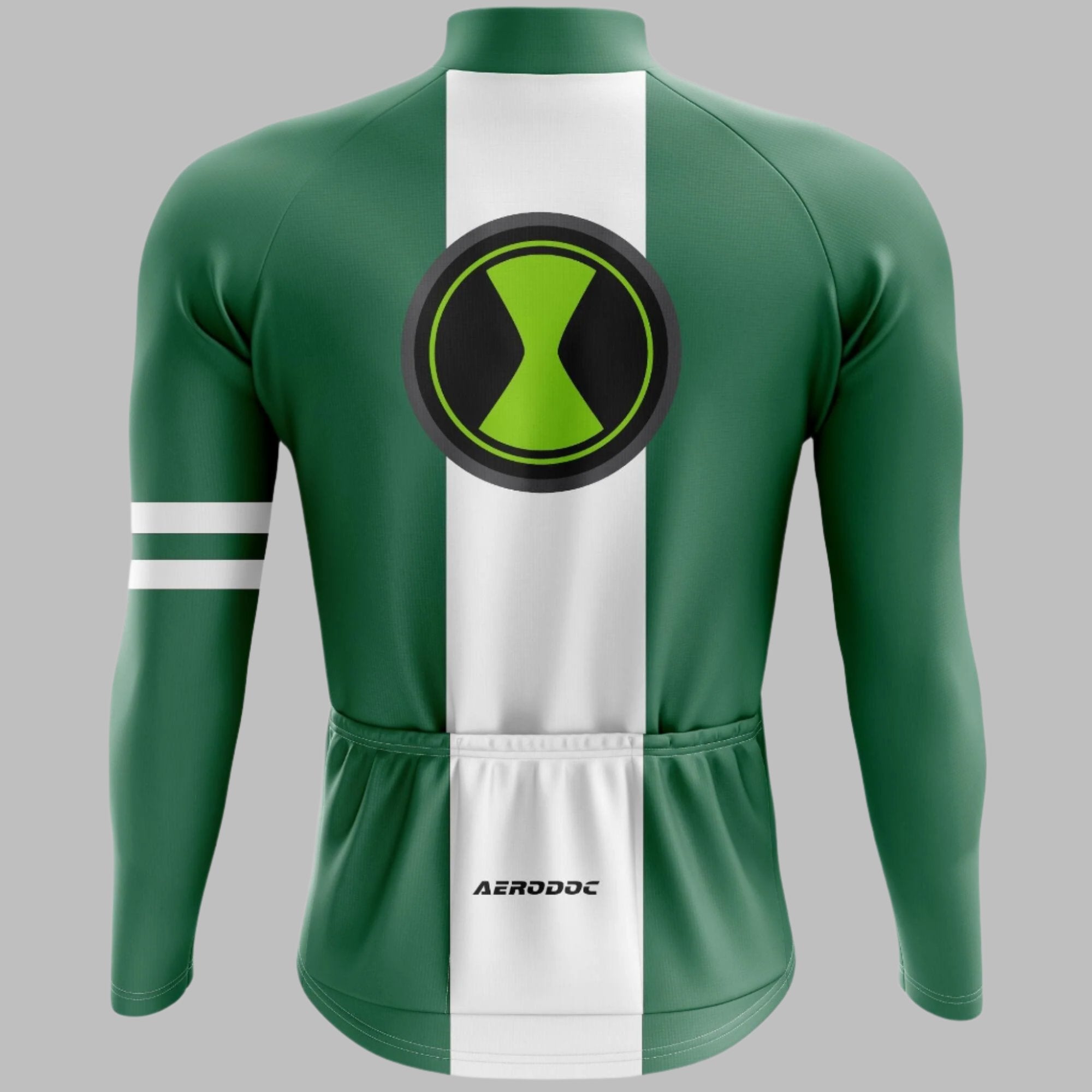 "Aerodoc Champion Sprinter green full sleeves cycling jersey - close-up back view."