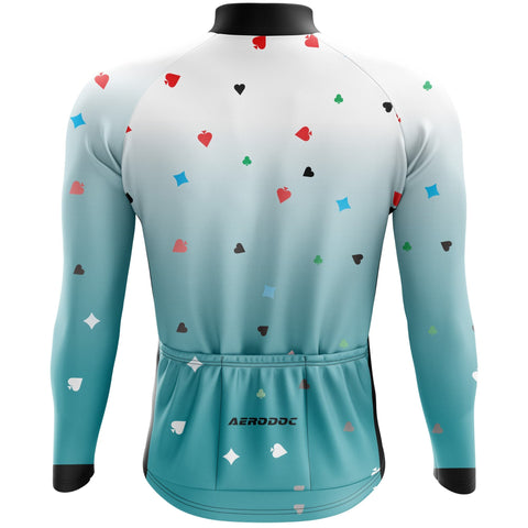 Reflective accents on A Card Ace cycling jersey for increased visibility and safety during low-light conditions.