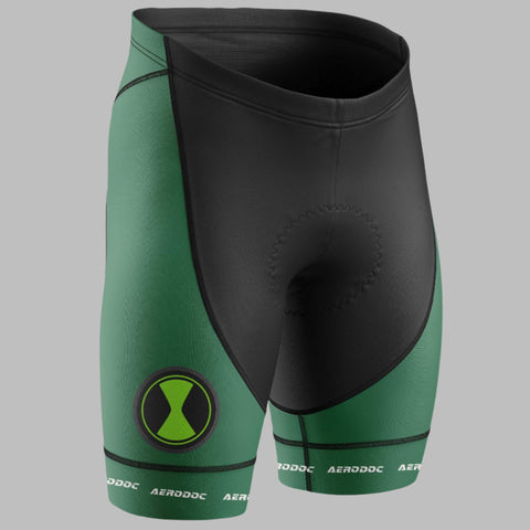 "Side view of Aerodoc Champion Sprinter black gel-padded cycling shorts."