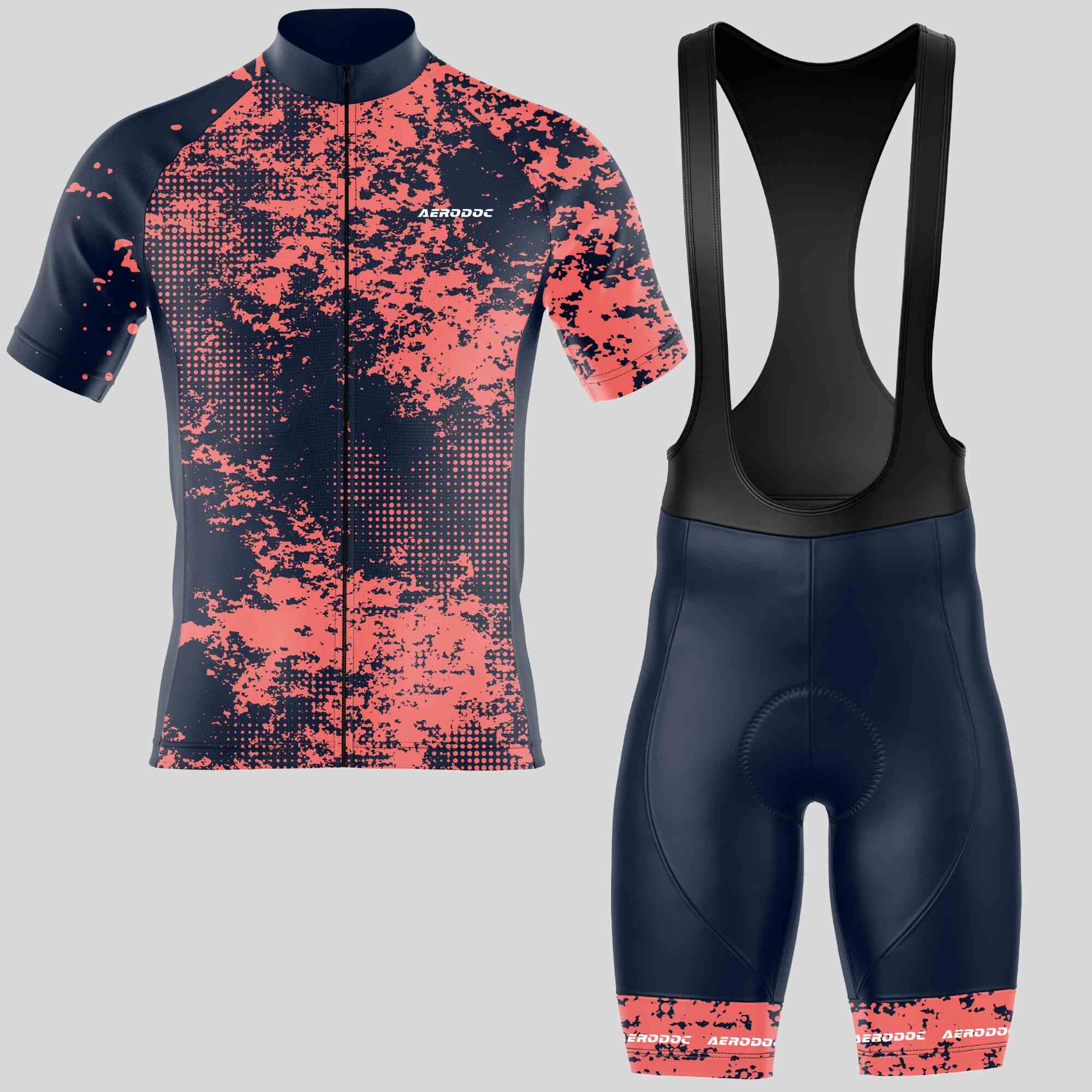 "Aerodoc Crimson Chaos Half Sleeve Jersey and Bib Shorts - Front View"
