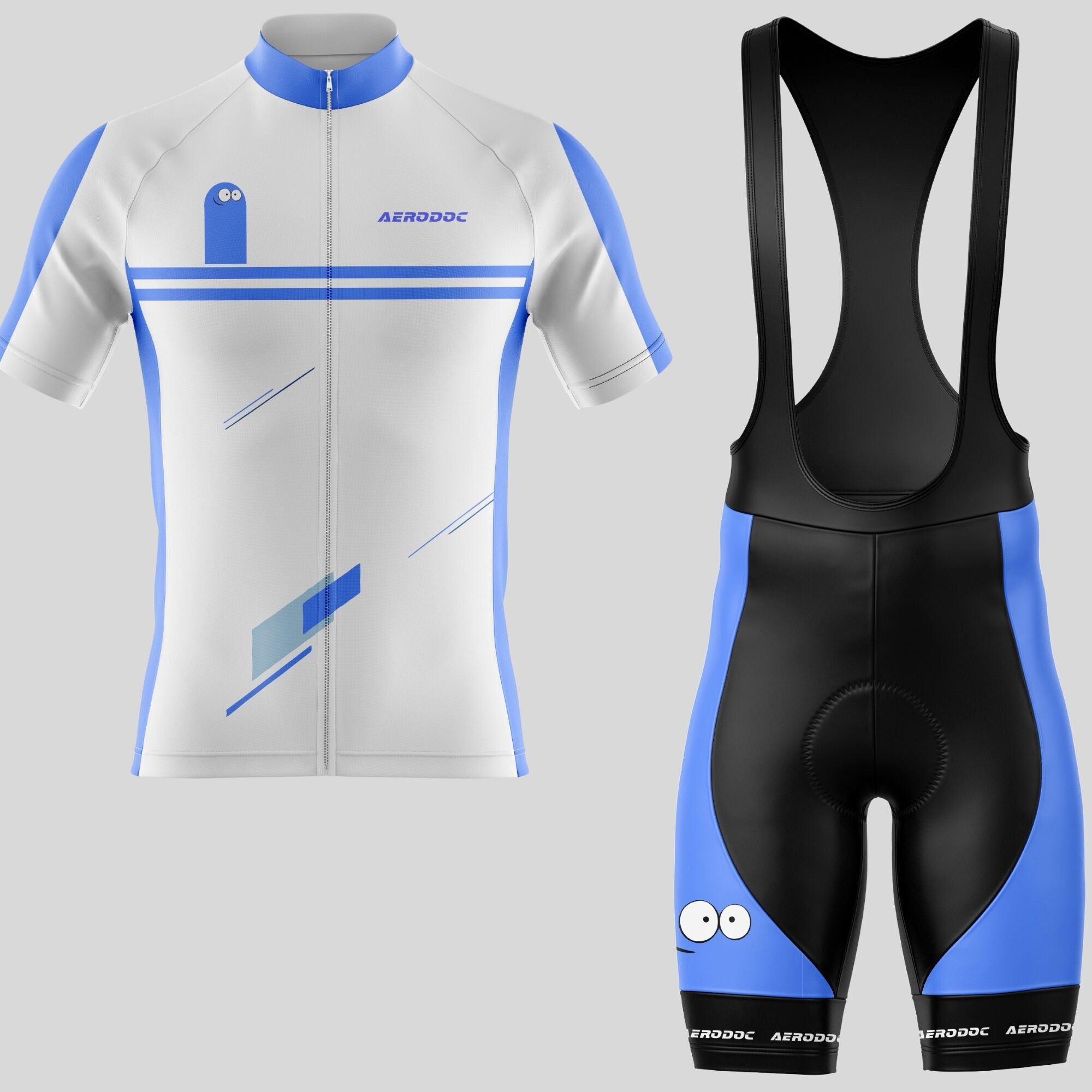 Aerodoc Smiley Blue White Cycling Jersey – Half & Full Sleeves, Matching Bib & Non-Bib Shorts