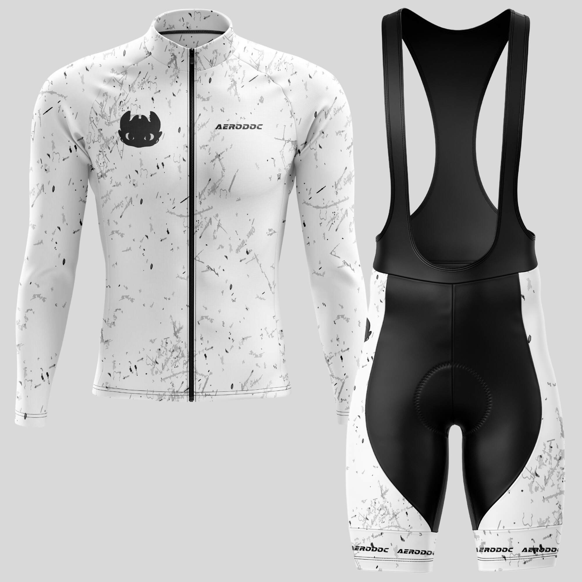 Aerodoc cycling jersey and bib shorts combo with white dragon design, 20D gel pad, and reflective details for safety