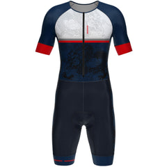 Triathlon suit with navy, white, and red design on a white background