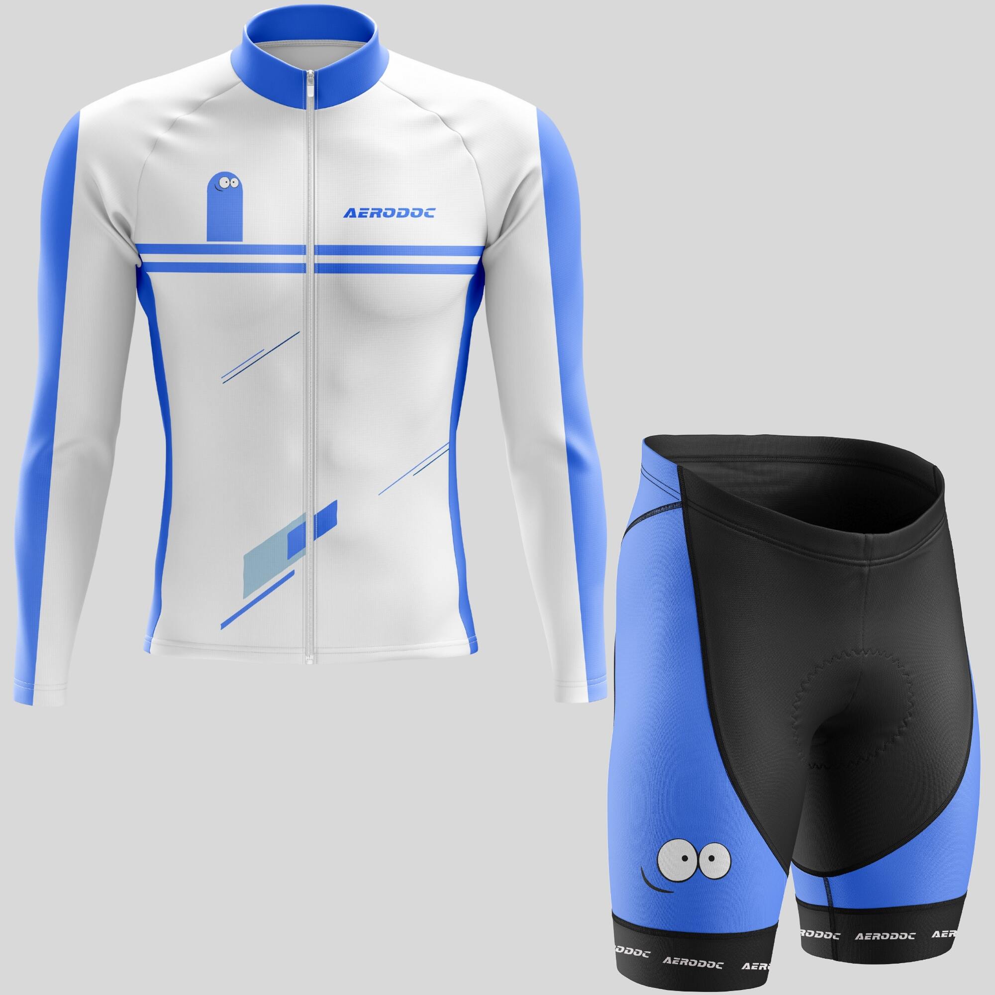 Aerodoc Smiley Blue White Cycling Jersey – Half & Full Sleeves, Matching Bib & Non-Bib Shorts