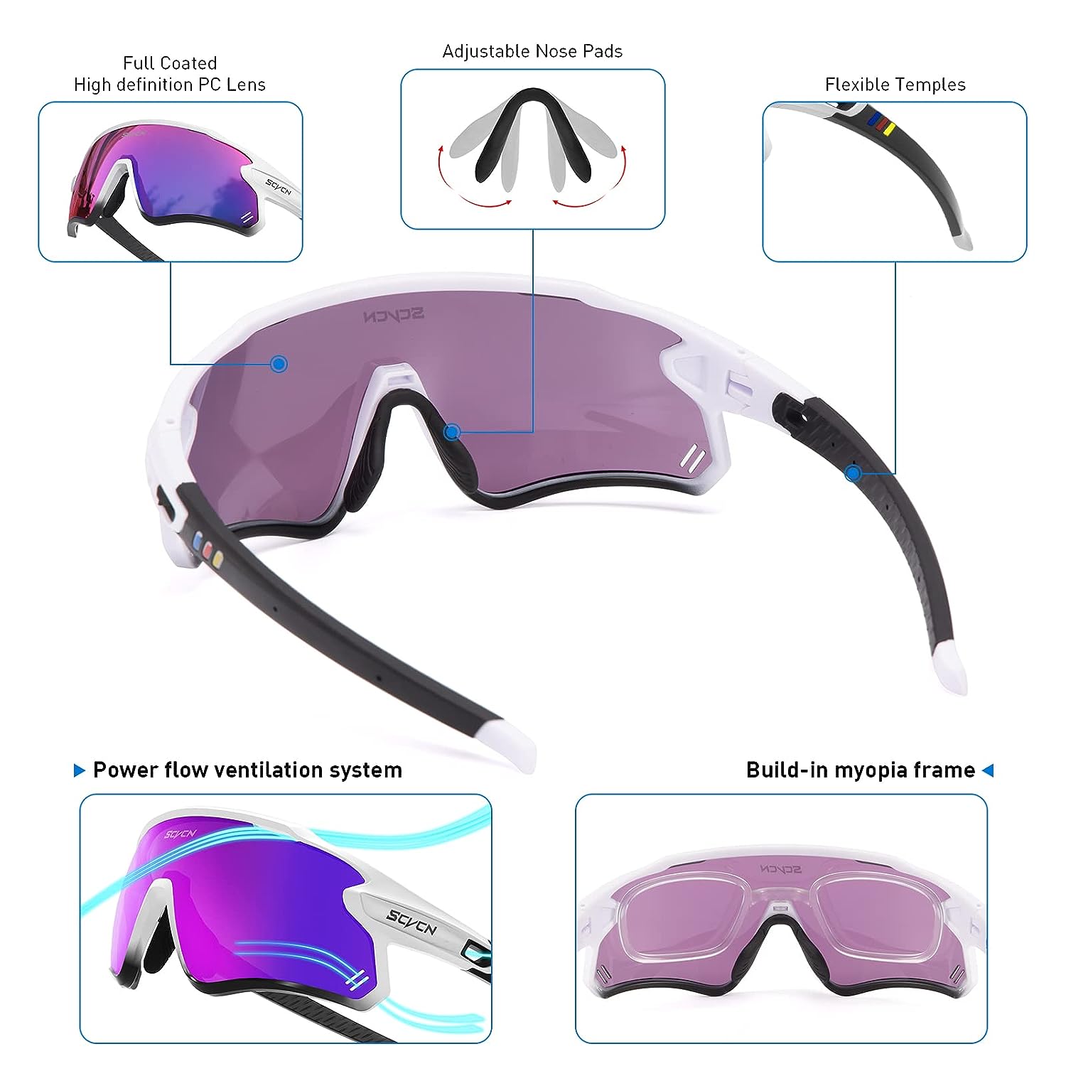 SCVCN Polarized Sports Sunglasses Cricket Cycling Glasses with 3 Interchangeable Lenses for Men Women MTB BMX Bicycle Riding Running UV 400