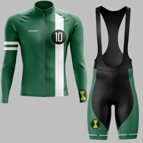 Aerodoc Champion Sprinter green full-sleeve cycling jersey with white stripe design and black gel-padded bib shorts - front view.