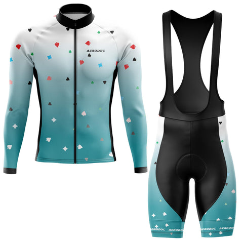 A Card Ace cycling jersey and bib shorts combo with dynamic geometric design, 20D gel pad, and reflective details for enhanced safety.