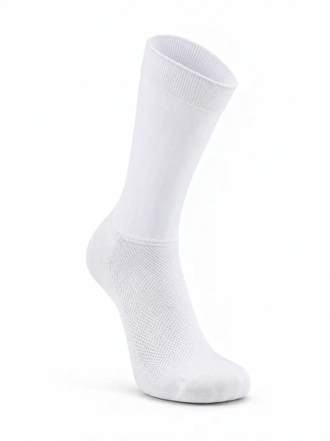 A single white crew-length athletic sock with a textured knit pattern, shown on a clean white background.