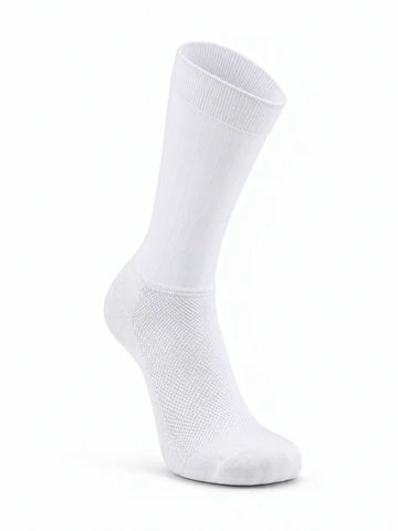 A single white crew-length athletic sock with a textured knit pattern, shown on a clean white background.
