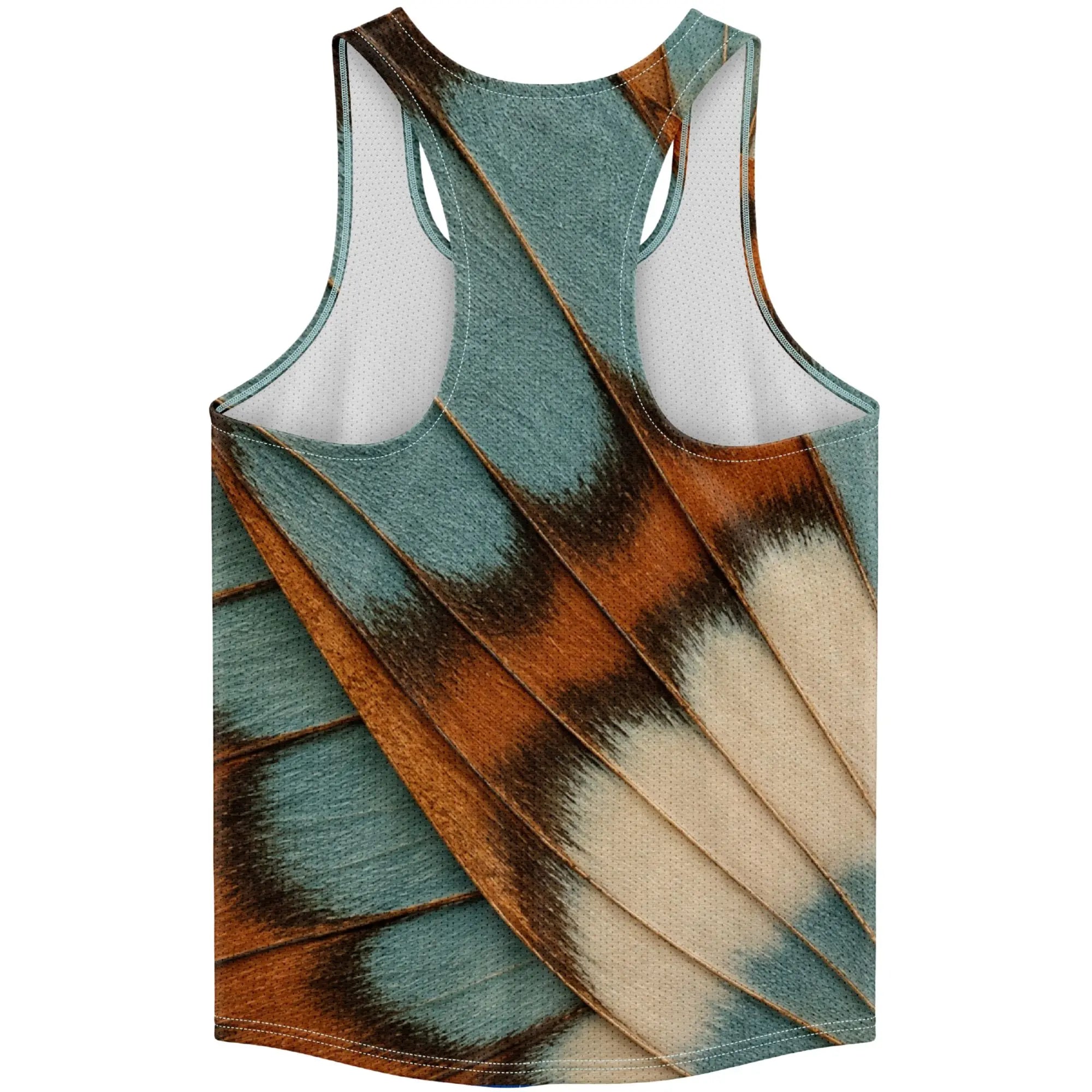 A racerback tank top featuring an all-over butterfly wing print in teal, brown, black, and cream, shown against a plain white background.