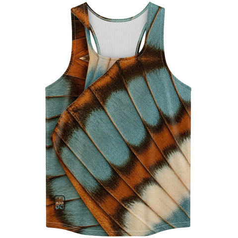 A sleeveless racerback tank top with an all-over butterfly wing pattern in teal blue, brown, black, and cream, shown on a plain white background.