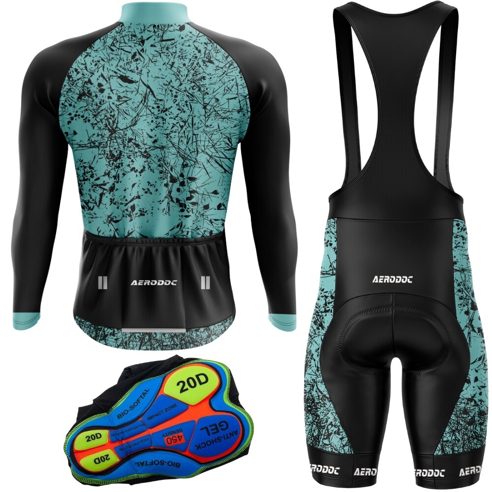 "Full Sleeve Aero Chaos Cycling Jersey & Bib Shorts – Wind-Resistant & Ideal for Cool Weather"