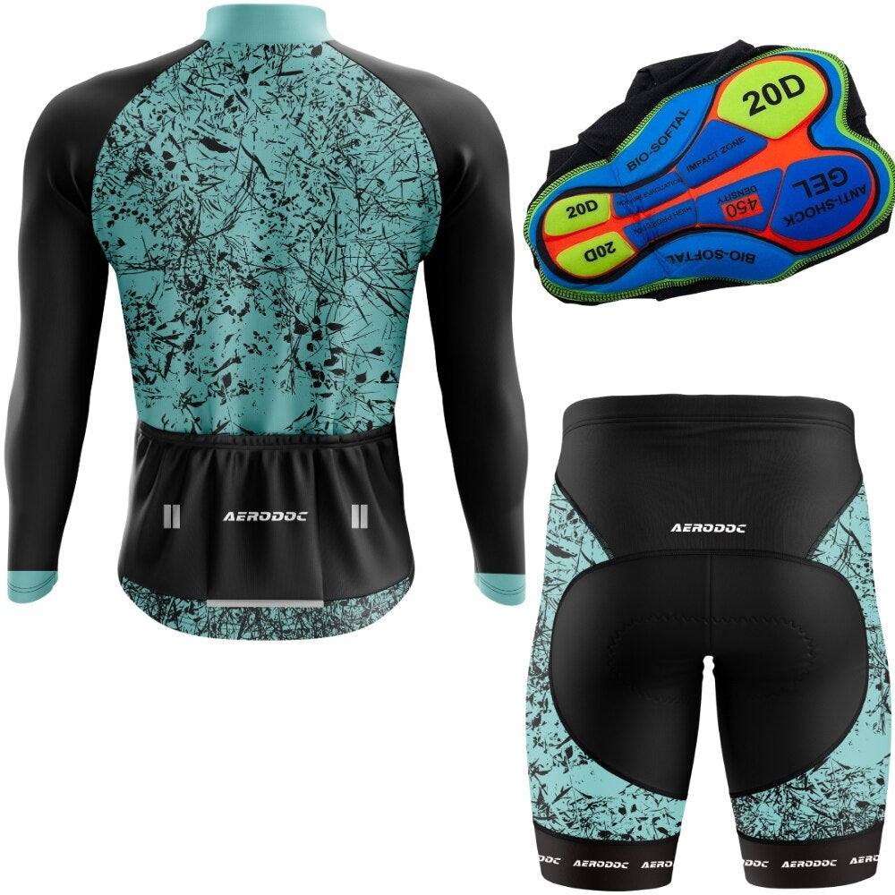 "Full Sleeve Aero Chaos Cycling Jersey & Gel Padded Shorts – Wind-Resistant & Ideal for Cool Weather"