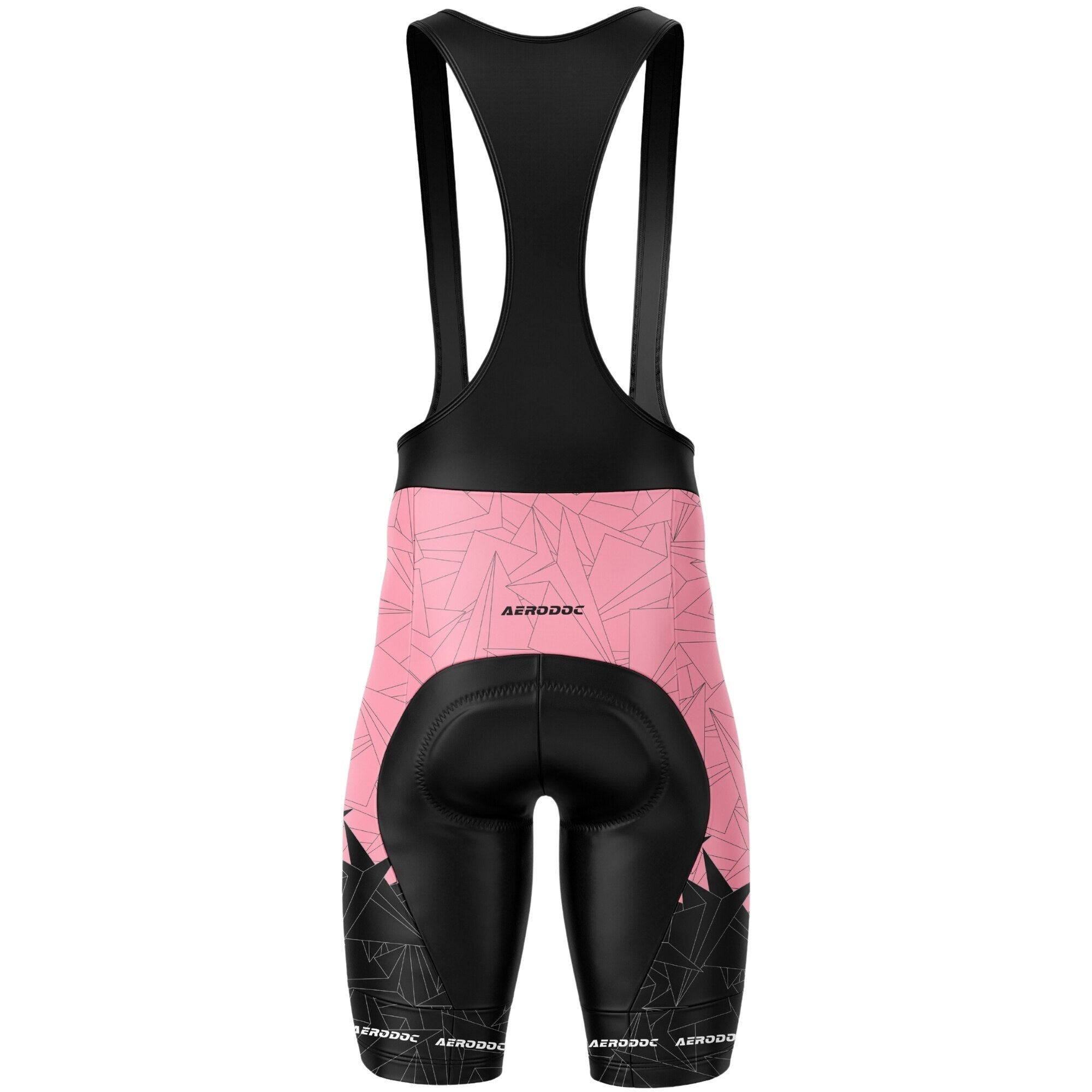 Aerodoc MTB cycling bib shorts in pink and black with geometric patterns, featuring gel padding, race-fit design, and premium fabric for enhanced comfort during mountain biking and road cycling.