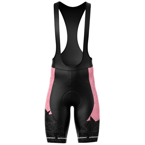 Aerodoc MTB cycling bib shorts in pink and black with geometric patterns, featuring gel padding, race-fit design, and premium fabric for enhanced comfort during mountain biking and road cycling.