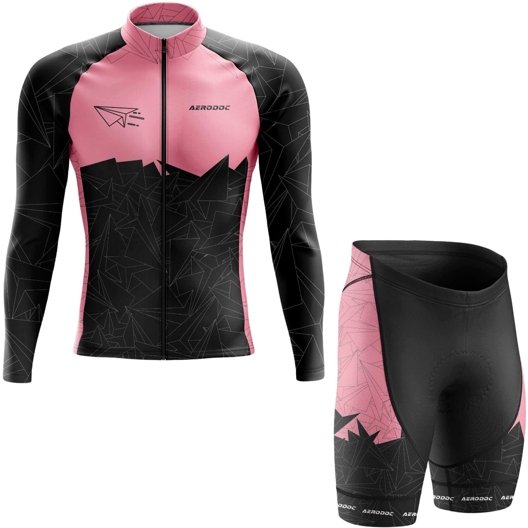 Aerodoc MTB cycling jersey and shorts set in pink and black with geometric patterns, song sleeves, full-zip front, and a race-fit design for mountain biking and road cycling.