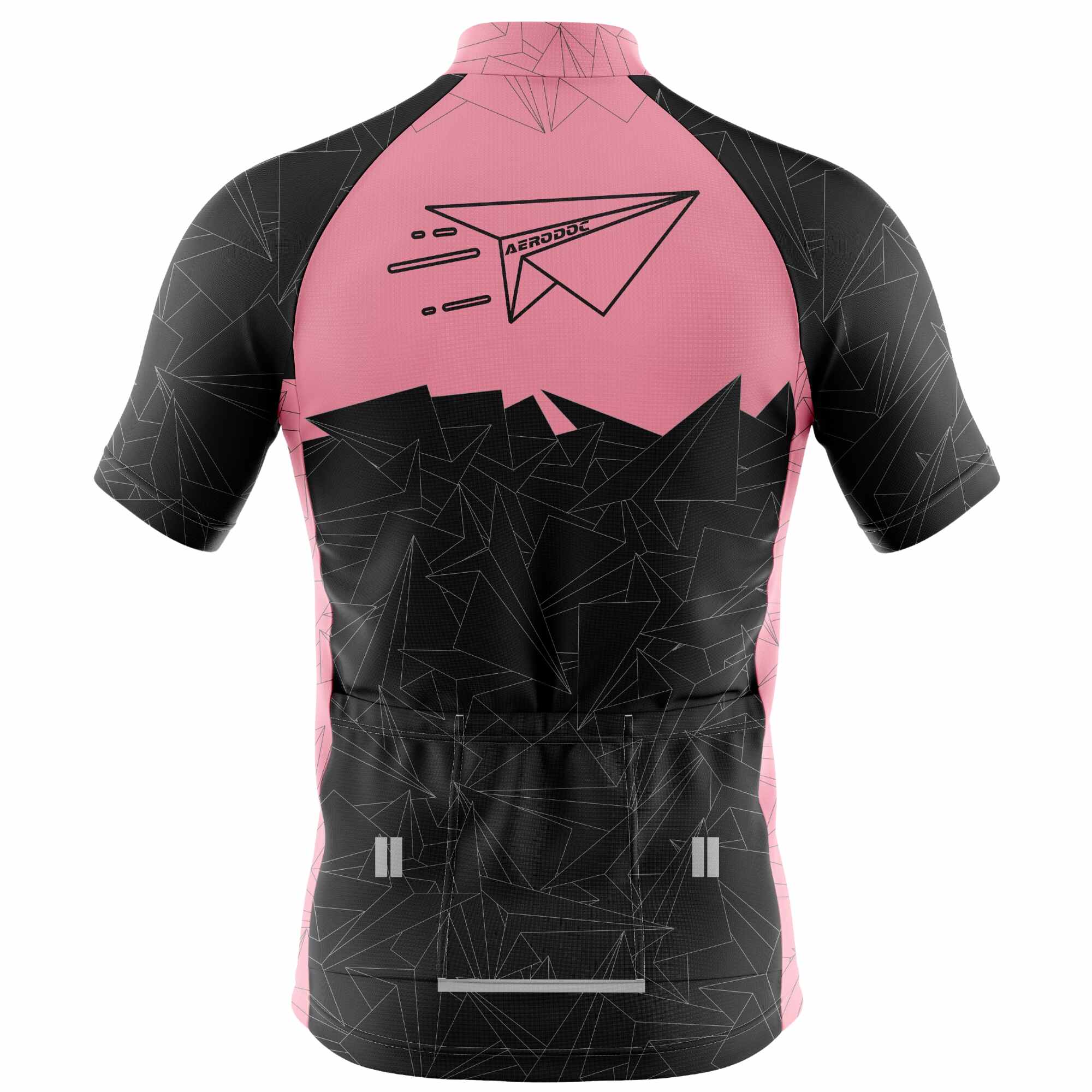 Back view of Aerodoc MTB cycling jersey in pink and black with geometric patterns, featuring three rear pockets, reflective elements, and a race-fit design for mountain biking and road cycling.