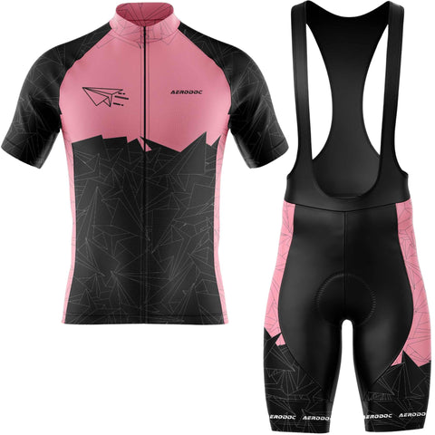 Aerodoc MTB cycling jersey and bib shorts set in pink and black with geometric patterns, featuring a full-zip front, short sleeves, and race-fit design for mountain biking and road cycling.