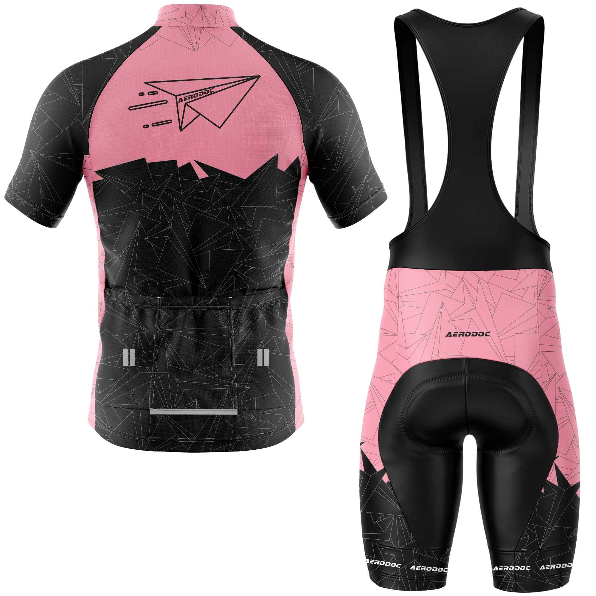 Aerodoc MTB cycling jersey and bib shorts set in pink and black with geometric patterns, featuring a full-zip front, short sleeves, and race-fit design for mountain biking and road cycling.