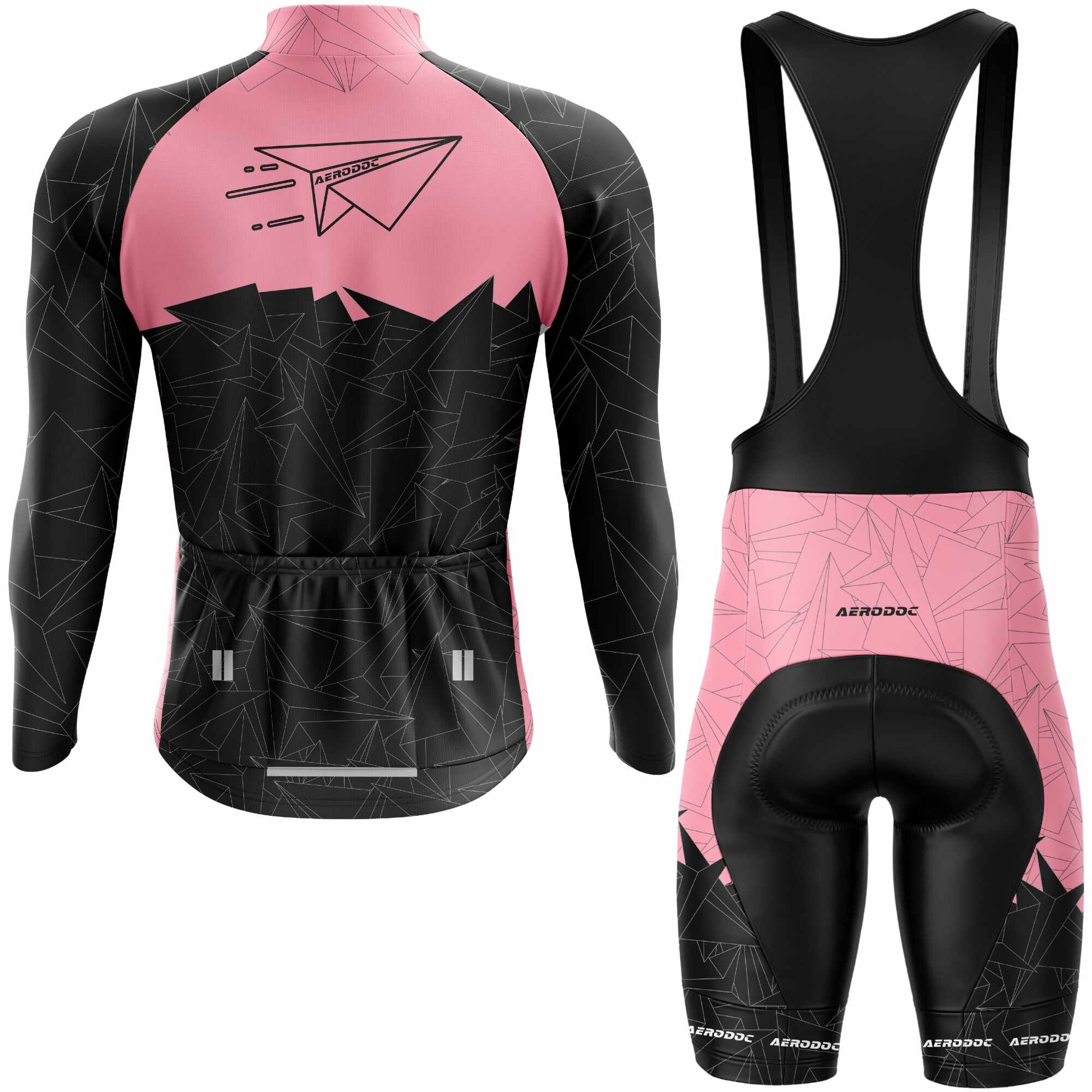 Aerodoc MTB cycling jersey and bib shorts set back in pink and black with geometric patterns, featuring a full-zip front, short sleeves, and race-fit design for mountain biking and road cycling.