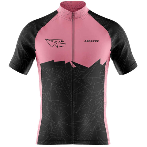 Aerodoc MTB cycling jersey in pink and black with geometric patterns, featuring short sleeves, full-zip front, and a race-fit design for mountain biking and road cycling.