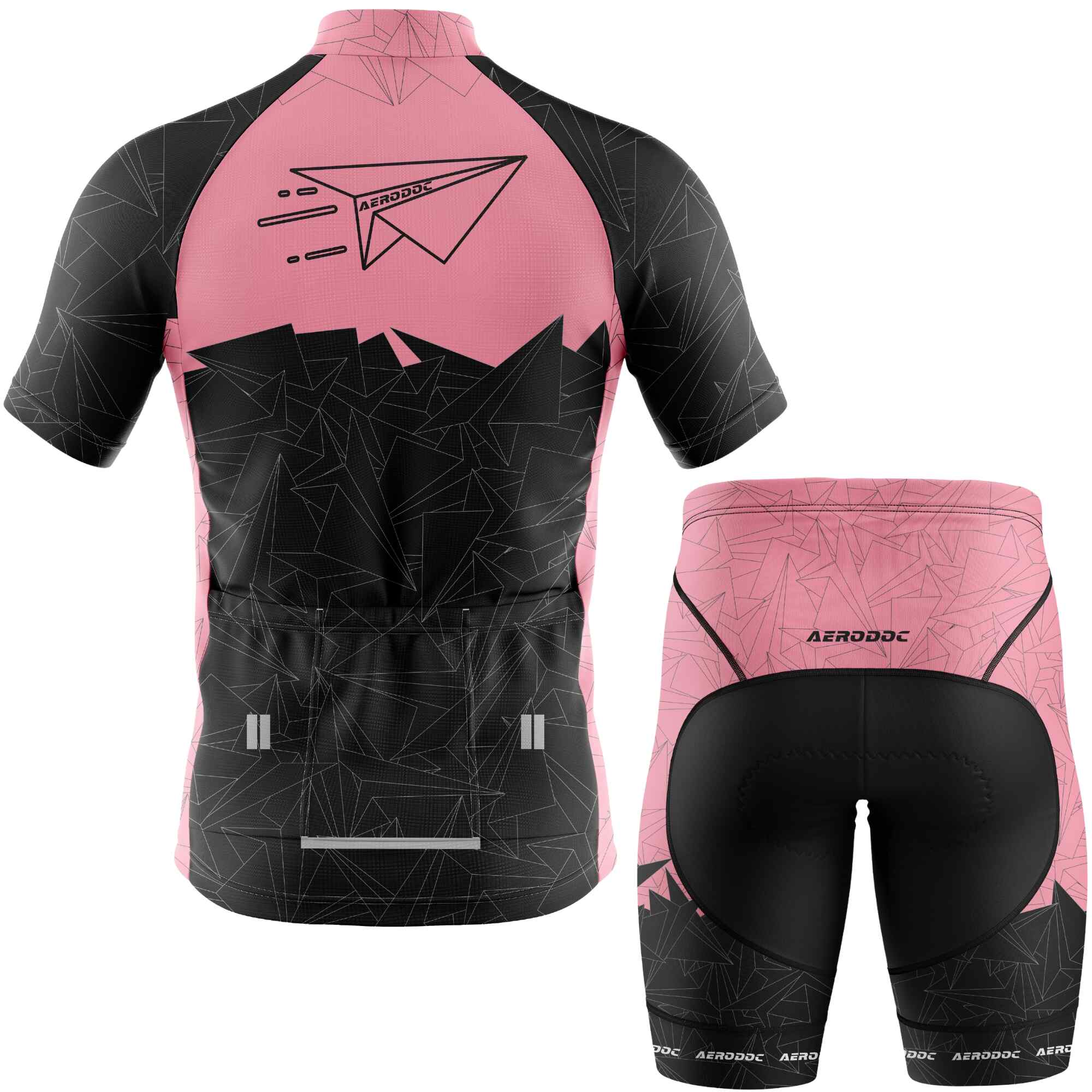 Back view of Aerodoc MTB cycling jersey in pink and black with geometric patterns, featuring three rear pockets, reflective elements, and a race-fit design for mountain biking and road cycling.