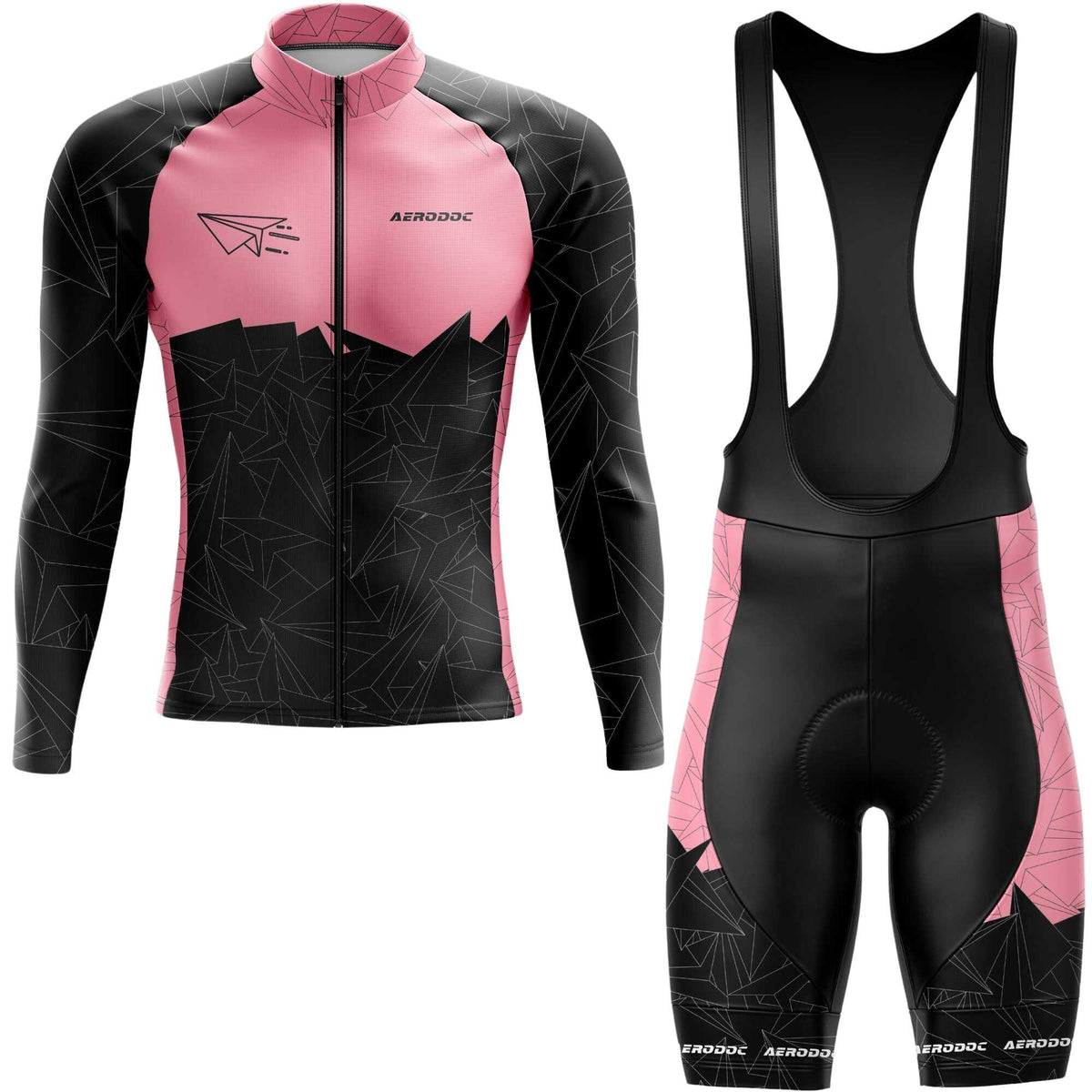 Aerodoc MTB cycling jersey and bib set in pink and black with geometric patterns, featuring a full-zip front, race-fit design, ideal for mountain biking, road cycling, and endurance rides.