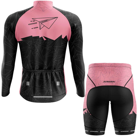 Back view of Aerodoc MTB cycling jersey and bib shorts set in pink and black with geometric patterns, featuring reflective elements, rear pockets, and premium fabric for mountain biking and road cycling.