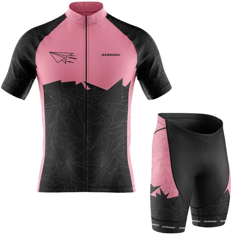 Aerodoc MTB cycling jersey and shorts set in pink and black with geometric patterns, short sleeves, full-zip front, and a race-fit design for mountain biking and road cycling.

