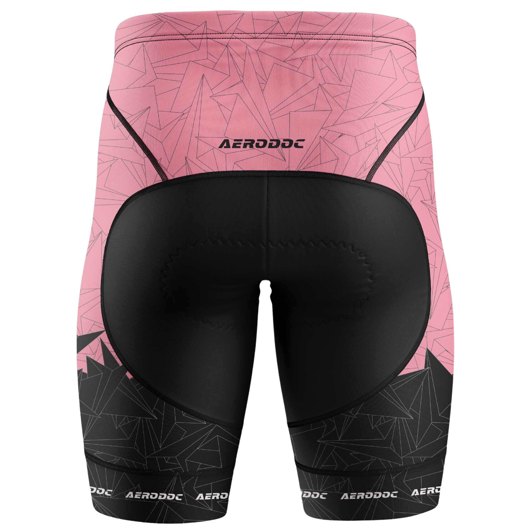 Aerodoc MTB cycling shorts in pink and black with geometric patterns, featuring gel padding, a comfortable fit, and durable fabric, perfect for mountain biking and road cycling.