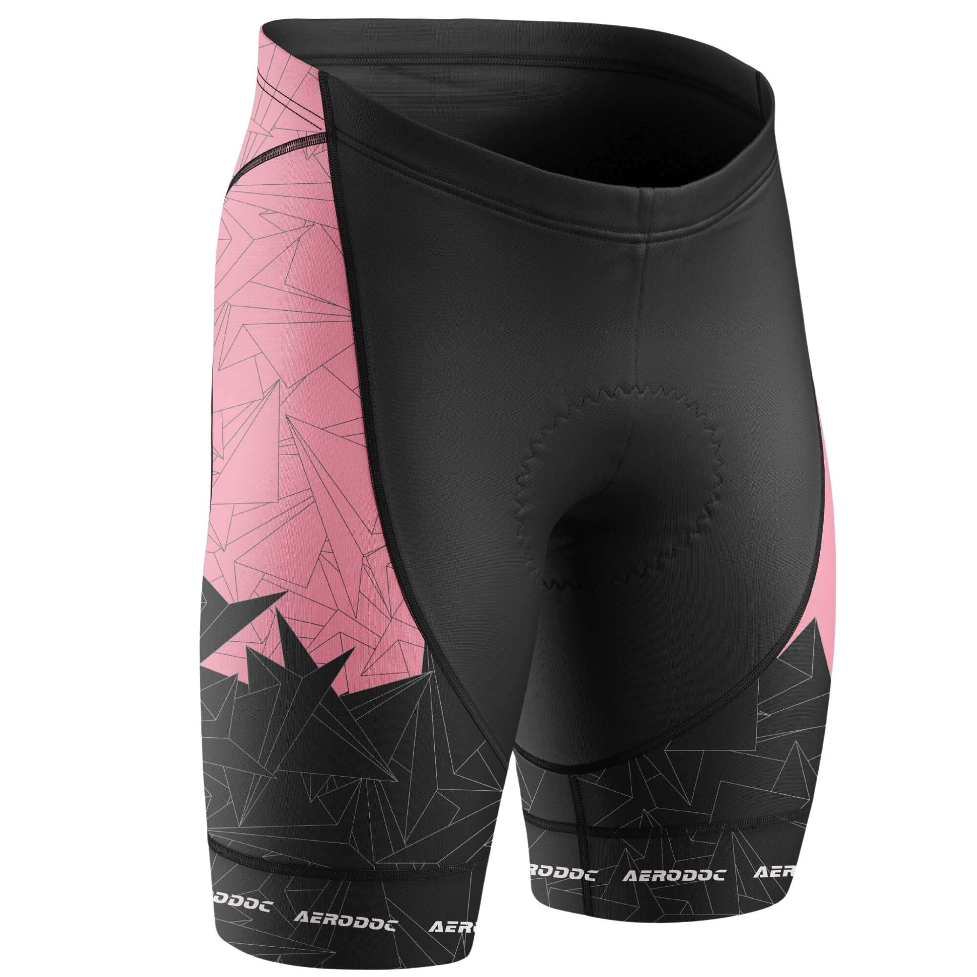 Aerodoc MTB cycling shorts in pink and black with geometric patterns, featuring gel padding, a comfortable fit, and durable fabric, perfect for mountain biking and road cycling.