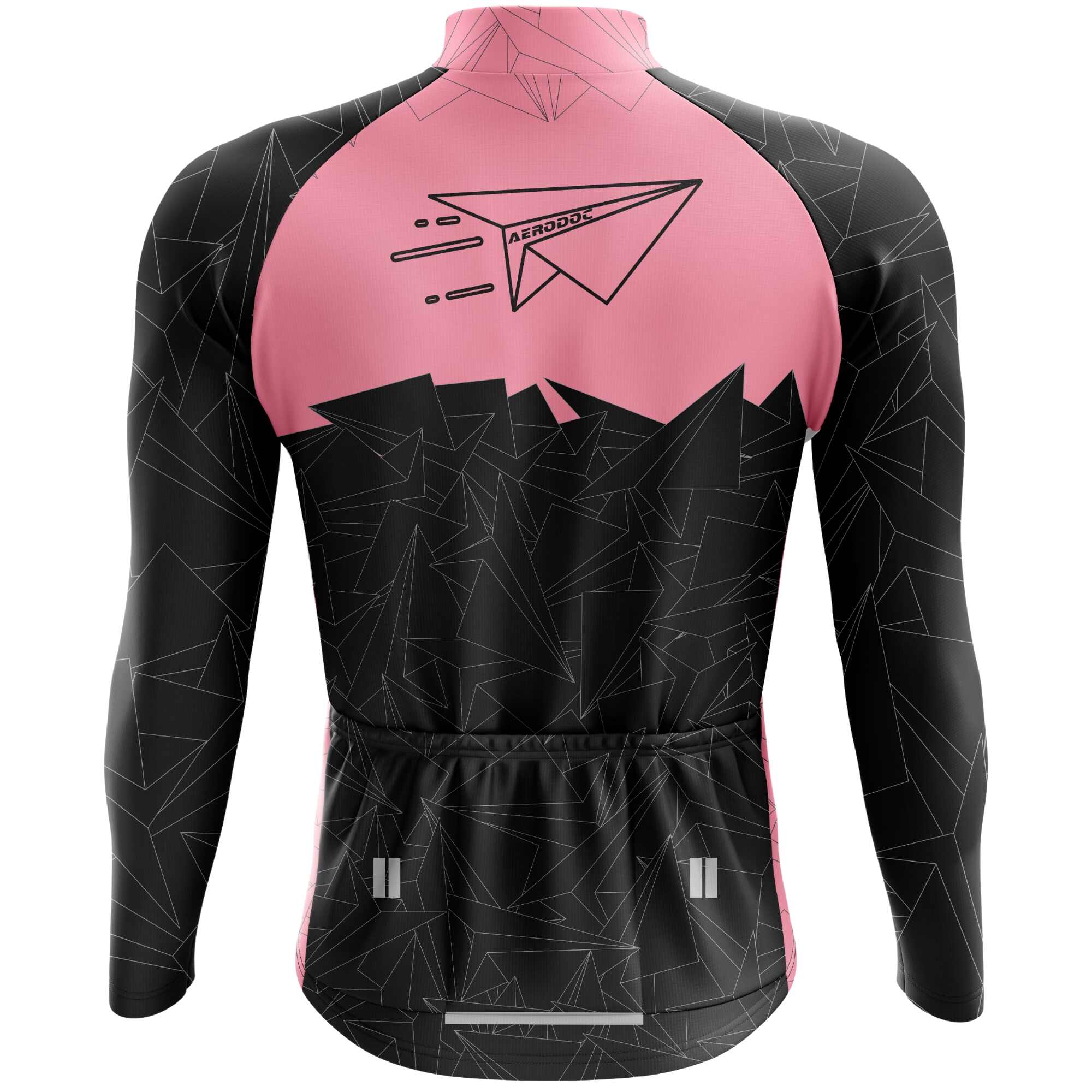 Aerodoc MTB long sleeve cycling jersey in pink and black with geometric patterns, full-zip front, race-fit design, perfect for mountain biking, road cycling, and cool weather rides.