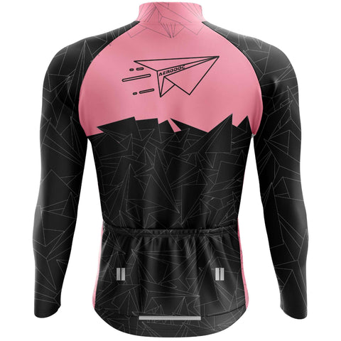 Aerodoc MTB long sleeve cycling jersey in pink and black with geometric patterns, full-zip front, race-fit design, perfect for mountain biking, road cycling, and cool weather rides.