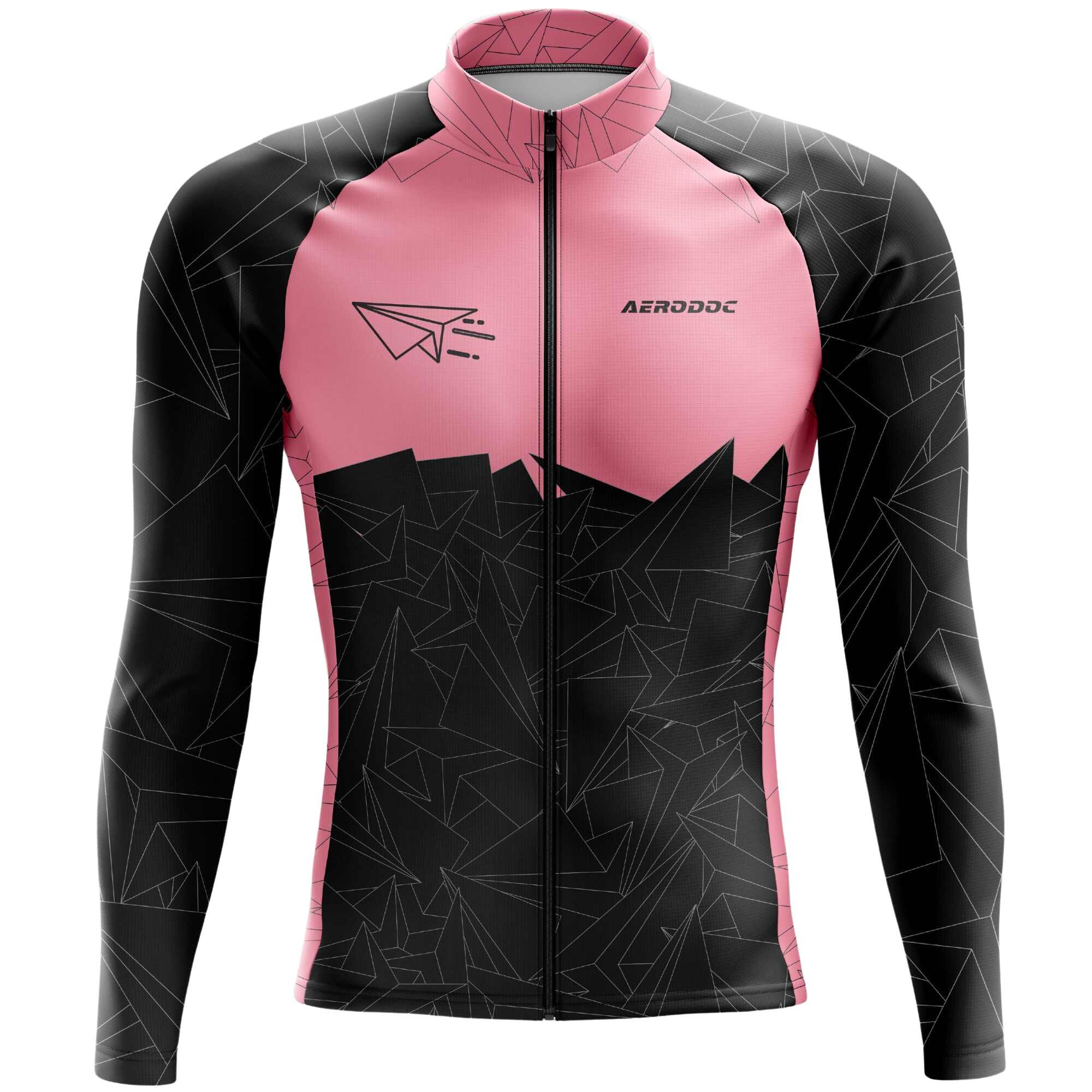 Aerodoc MTB long sleeve cycling jersey in pink and black with geometric patterns, full-zip front, race-fit design, perfect for mountain biking, road cycling, and cool weather rides.